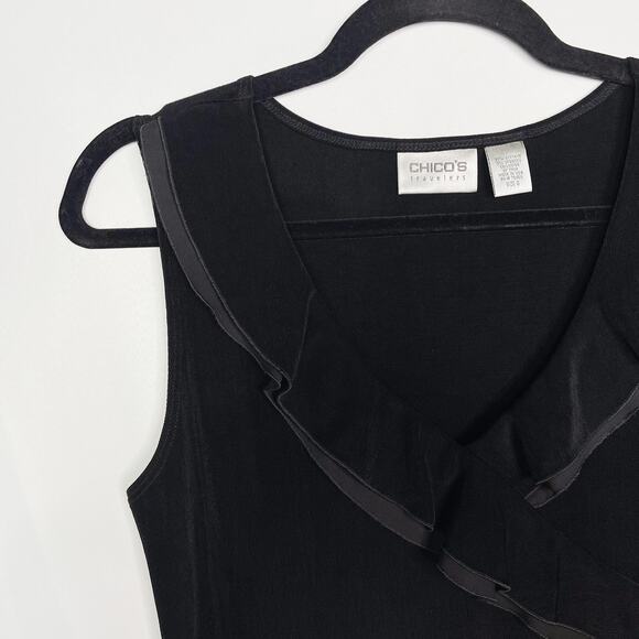 Chicos Size 0 Small Black Travelers VNeck Wrap Knit Shell Top Ruffle Trim Tank - Picture 4 of 8